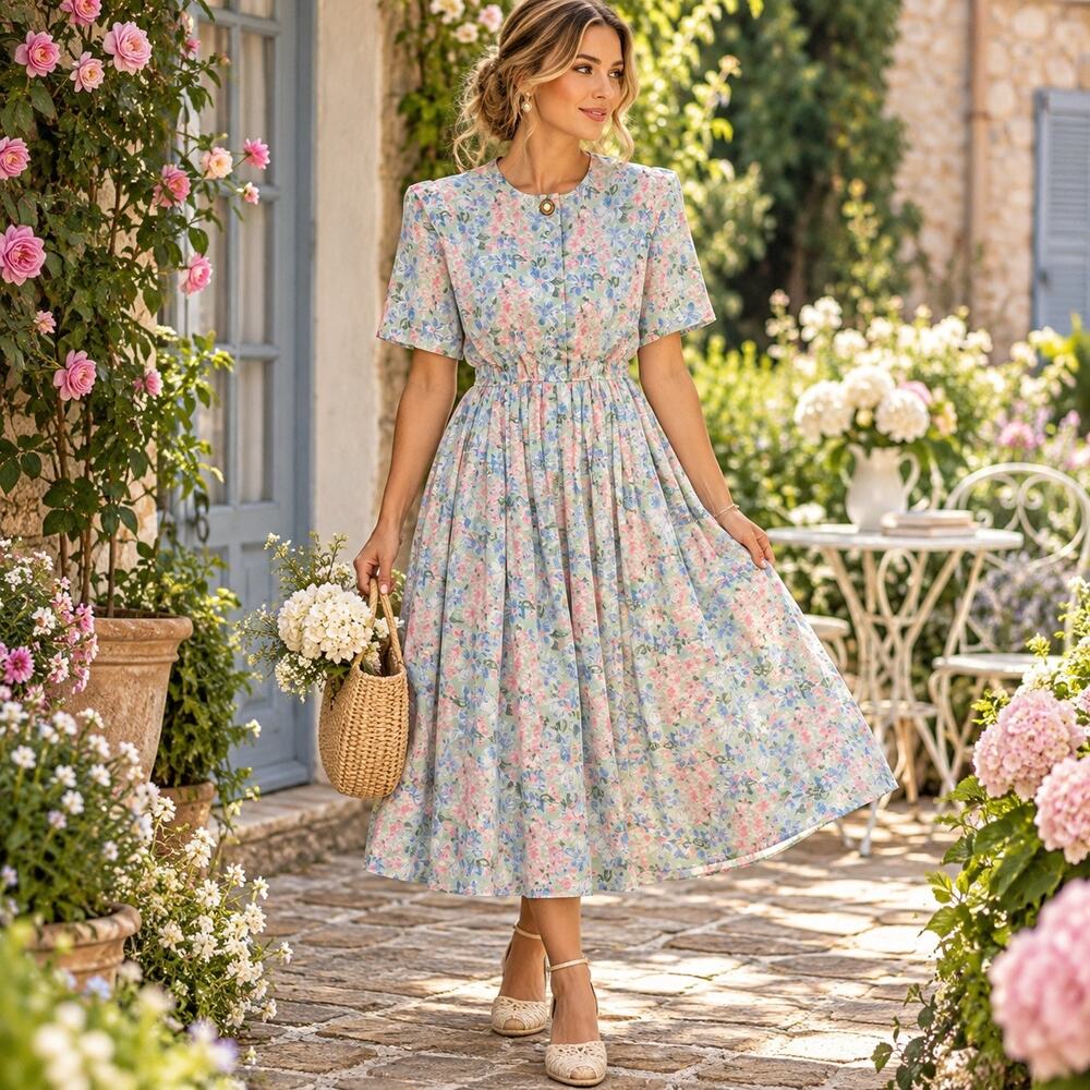 Vtg 80s Leslie Fay Pleated Floral Dress 10P Midi Cottagecore USA Garden Pastel